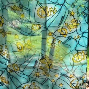 Dior Aqua and Yellow Logo Print Silk Scarf